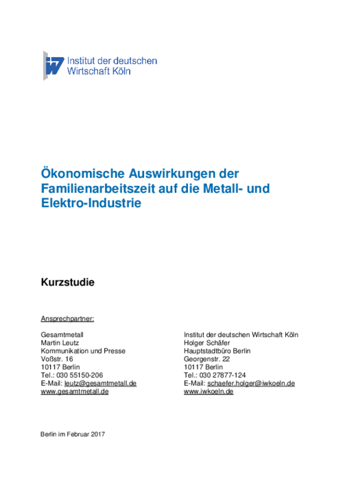 Ökonomische Auswirkungen der Familienarbeitszeit auf die Metall- und Elektro-Industrie