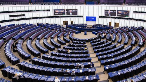 Blick von der Besuchertribüne auf das EU-Parlament in Straßburg. Die Sitzreihen der Parlamentarier sind spärlich besetzt.