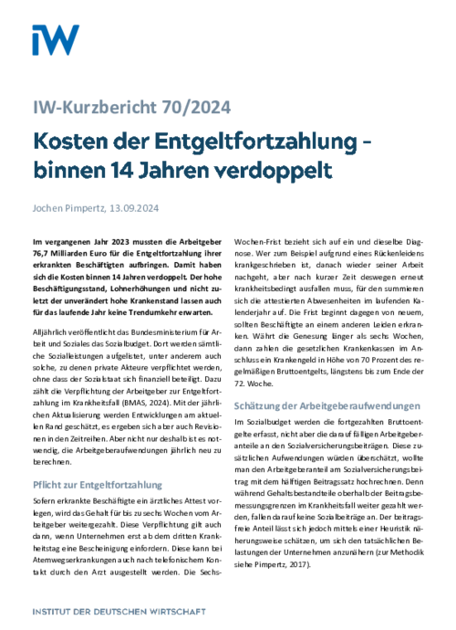 Kosten der Entgeltfortzahlung – binnen 14 Jahren verdoppelt