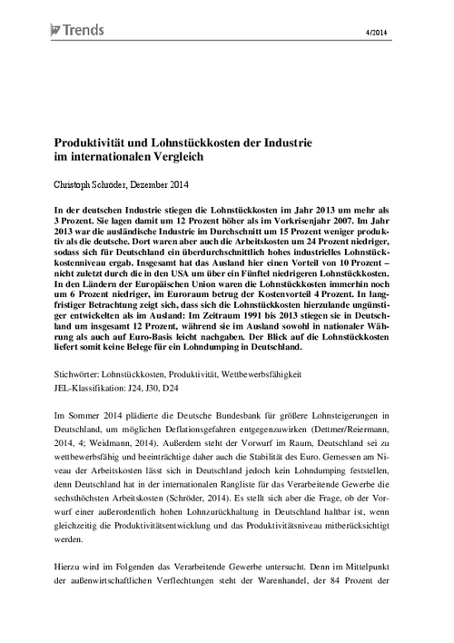 An International Comparison of Productivity and Unit Labour Costs in Manufacturing Industry
