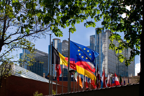 Flags in front of European Parliament, Brussels