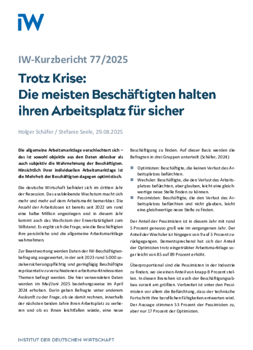 Die meisten Beschäftigten halten ihren Arbeitsplatz für sicher