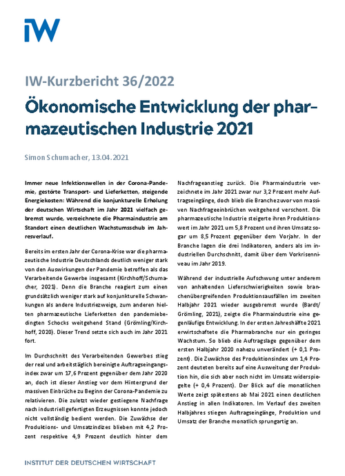 Ökonomische Entwicklung der pharmazeutischen Industrie 2021
