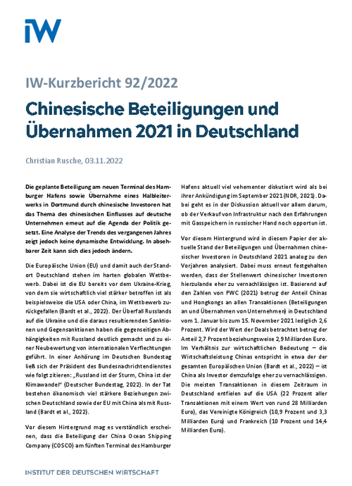 Chinesische Beteiligungen und Übernahmen 2021 in Deutschland