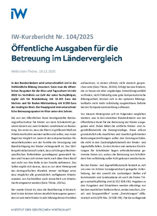 Öffentliche Ausgaben für die  Betreuung im Ländervergleich