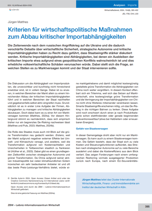 Kriterien für wirtschaftspolitische Maßnahmen zum Abbau kritischer Importabhängigkeiten