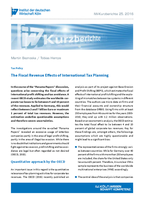 The Fiscal Revenue Effects of International Tax Planning