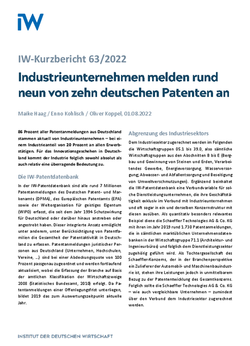 Industrieunternehmen melden rund neun von zehn deutschen Patenten an