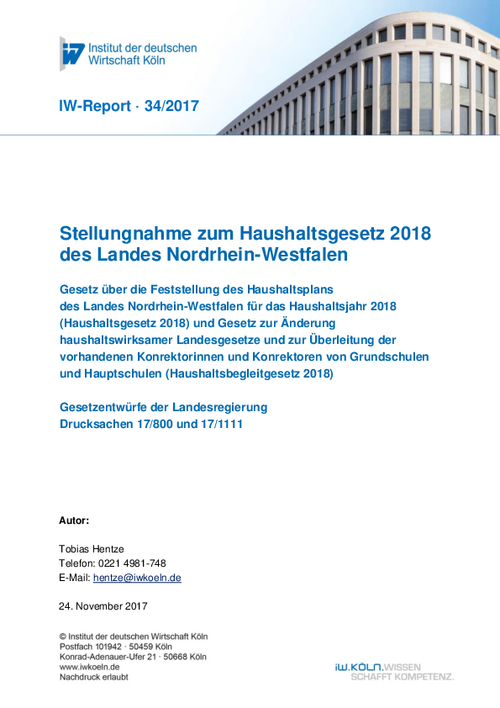 Stellungnahme zum Haushaltsgesetz 2018 des Landes Nordrhein-Westfalen