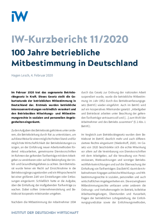 100 Jahre betriebliche Mitbestimmung in Deutschland
