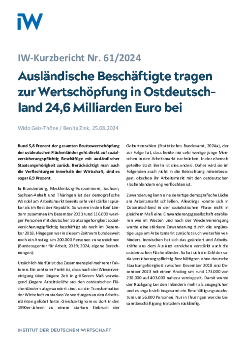 Ausländische Beschäftigte tragen zur Wertschöpfung in Ostdeutschland 24,6 Milliarden Euro bei