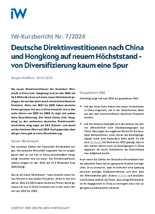 Deutsche Direktinvestitionen nach China und Hongkong auf neuem Höchststand –  von Diversifizierung kaum eine Spur