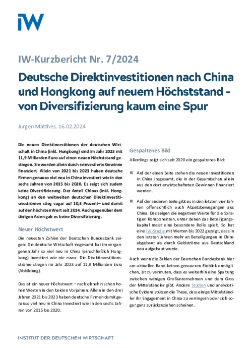 Deutsche Direktinvestitionen nach China und Hongkong auf neuem Höchststand – von Diversifizierung kaum eine Spur