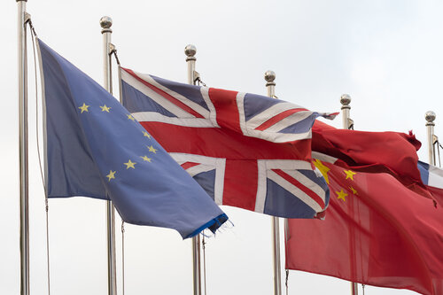Flags of China, European Union and United Kingdom