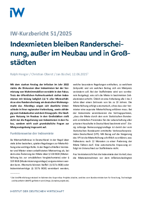 Indexmieten bleiben Randerscheinung, außer im Neubau und in Großstädten