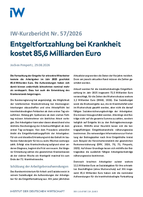 Entgeltfortzahlung bei Krankheit kostet 85,6 Milliarden Euro