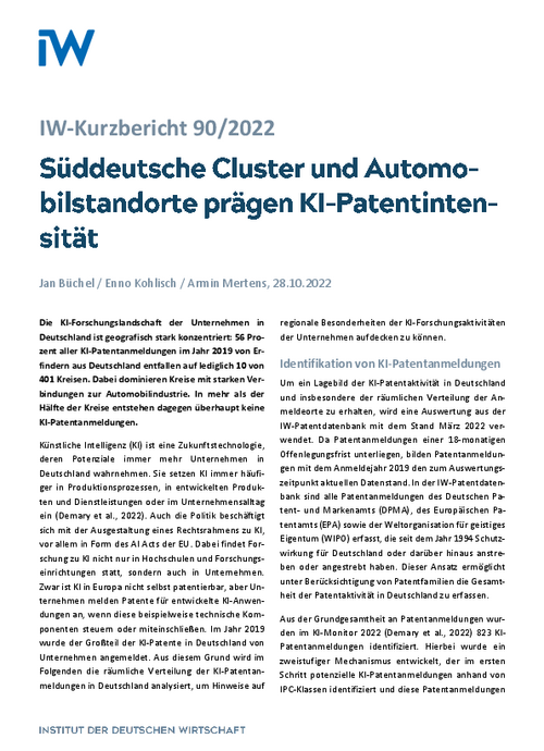 Süddeutsche Cluster und Automobilstandorte prägen KI-Patentintensität