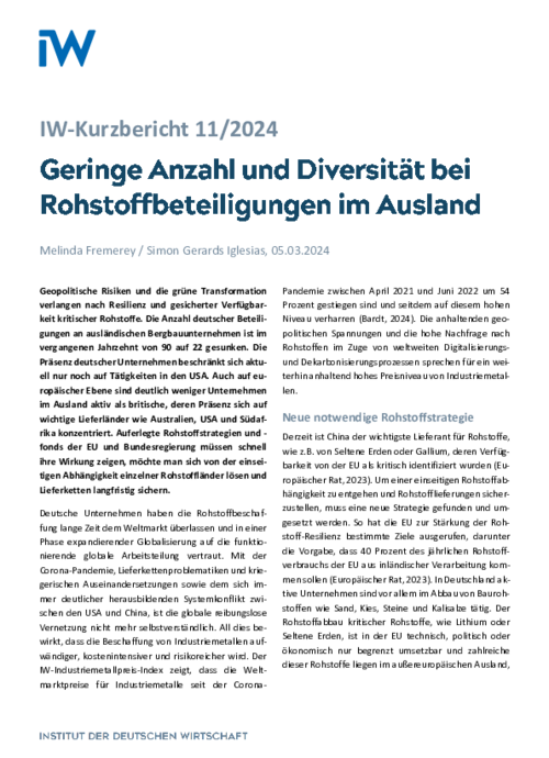 Geringe Anzahl und Diversität bei Rohstoffbeteiligungen im Ausland