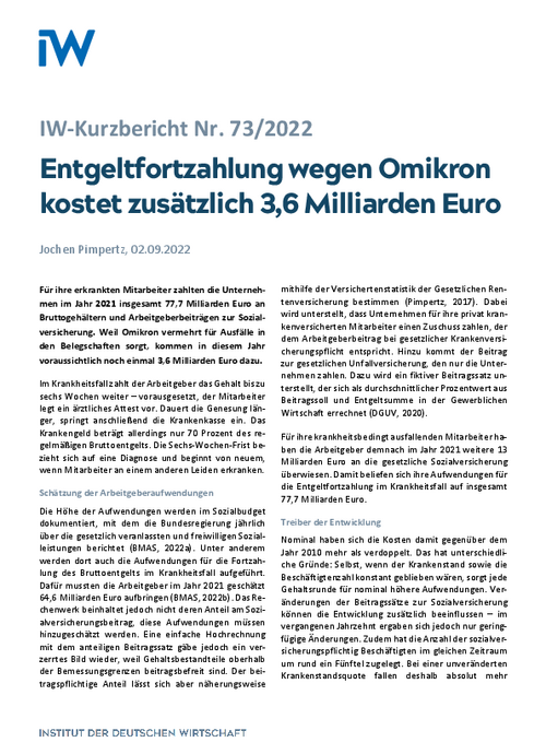Entgeltfortzahlung wegen Omikron kostet zusätzlich 3,6 Milliarden Euro