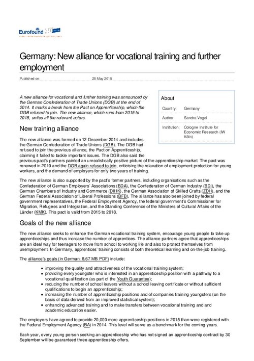 New alliance for vocational training and further employment