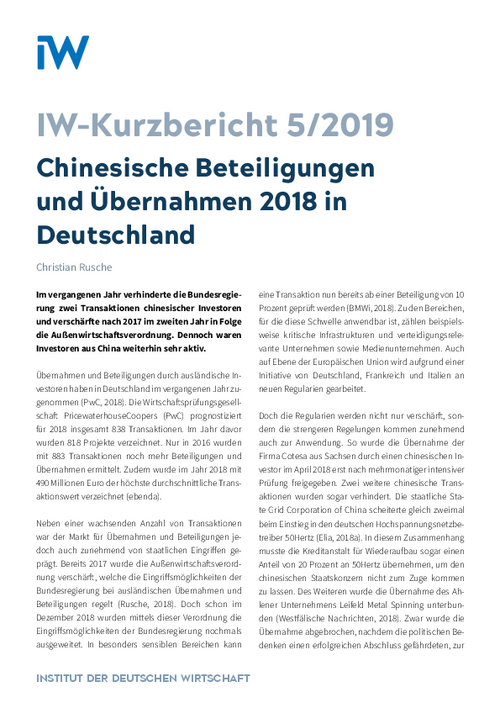 Chinesische Beteiligungen und Übernahmen 2018 in Deutschland
