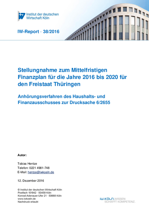 Stellungnahme zum Mittelfristigen Finanzplan für die Jahre 2016 bis 2020 für den Freistaat Thüringen