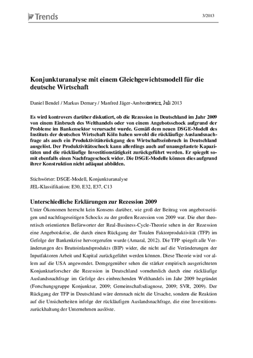 Business Cycle Analysis with an Equilibrium Model for the German Economy