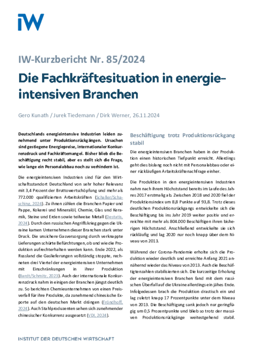 Die Fachkräftesituation in energieintensiven Branchen