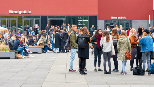 young students on the university campus in Leipzig