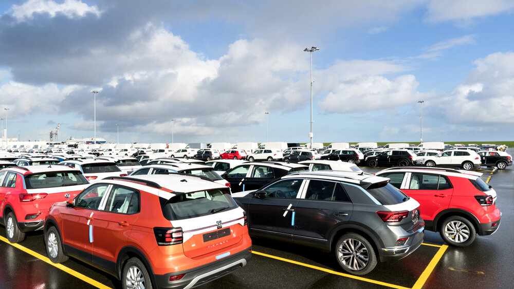 Cuxhaven, Germany - October 28, 2019: new Volkswagen T-Cross cars for export at seaport terminal