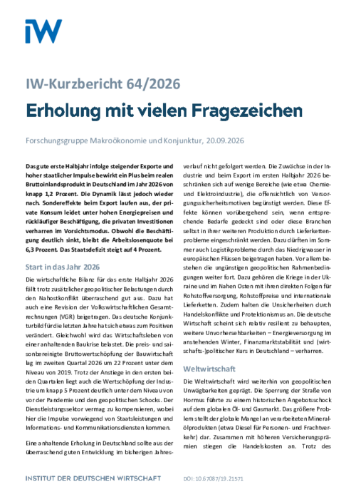 IW-Konjunkturprognose Herbst 2026: Erholung mit vielen Fragezeichen
