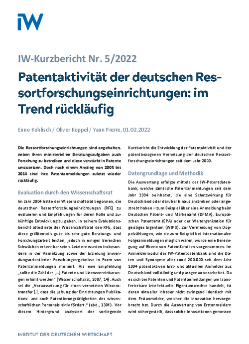 Patentaktivität der deutschen Ressortforschungseinrichtungen: im Trend rückläufig