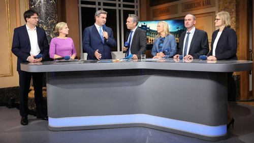 Traute Runde: Florian von Brunn (SPD), Katharina Schulze (Grüne), Markus Söder (CSU), BR-Moderatorenduo, Hubert Aiwanger (Freie Wähler), Katrin Ebner-Steiner (AfD).