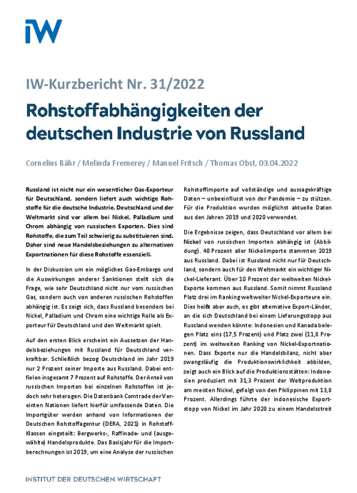 Rohstoffabhängigkeiten der deutschen Industrie von Russland
