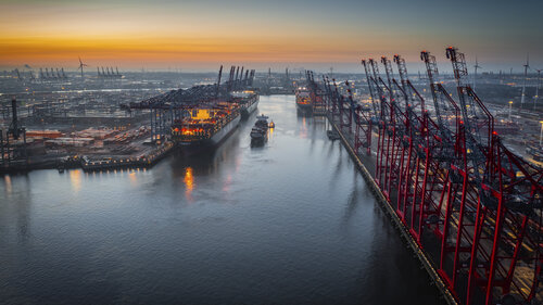 Aerial view Industrial port with Container port in Hamburg, Germany