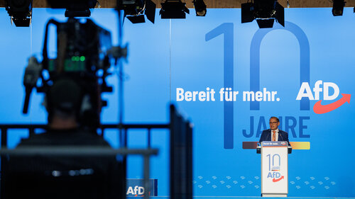 MAGDEBURG, GERMANY - JULY 28: Leading member of the right-wing Alternative for Germany (AfD) political party Tino Chrupalla speaks to delegates during the 2023 federal congress of the right-wing Alternative for Germany (AfD) political party on July 28, 2023 in Magdeburg, Germany. The AfD, which has positioned itself against issues including immigration, renewable energies, alternative gender recognition, energy efficiency and military support for Ukraine, is in second place in polls nationwide and first in several eastern Germany states. (Photo by Jens Schlueter/Getty Images) MAGDEBURG, GERMANY - JULY 28: Leading member of the right-wing Alternative for Germany (AfD) political party Tino Chrupalla speaks to delegates during the 2023 federal congress of the right-wing Alternative for Germany (AfD) political party on July 28, 2023 in Magdeburg, Germany. The AfD, which has positioned itself against issues including immigration, renewable energies, alternative gender recognition, energy efficiency and military support for Ukraine, is in second place in polls nationwide and first in several eastern Germany states. (Photo by Jens Schlueter/Getty Images)