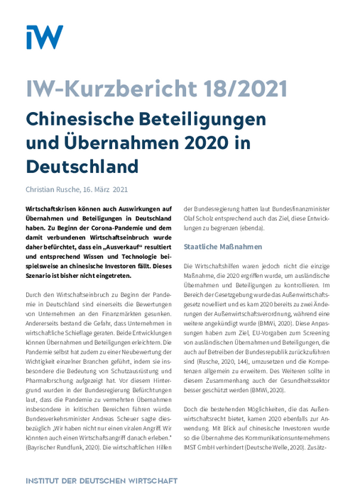 Chinesische Beteiligungen und Übernahmen 2020 in Deutschland
