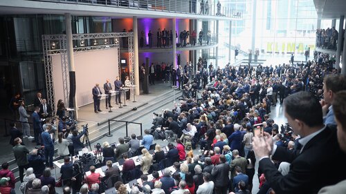 Friedrich Merz, Chairman of the CDU, Markus Soder, Chairman of the CSU, Saskia Esken, Federal Chairwoman of the SPD, and Lars Klingbeil present the joint coalition agreement for the coming government period in the Paul Lobe House in Berlin, Germany, on April 9, 2025. (Photo by Christian Marquardt/NurPhoto via Getty Images)