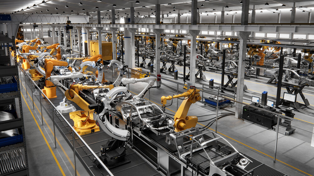 High angle view of cars on production line in factory. Many robottic arms doing welding on car metal body in manufacturing plant. Image in 3D render. High angle view of cars on production line in factory. Many robottic arms doing welding on car metal body in manufacturing plant. Image in 3D render.