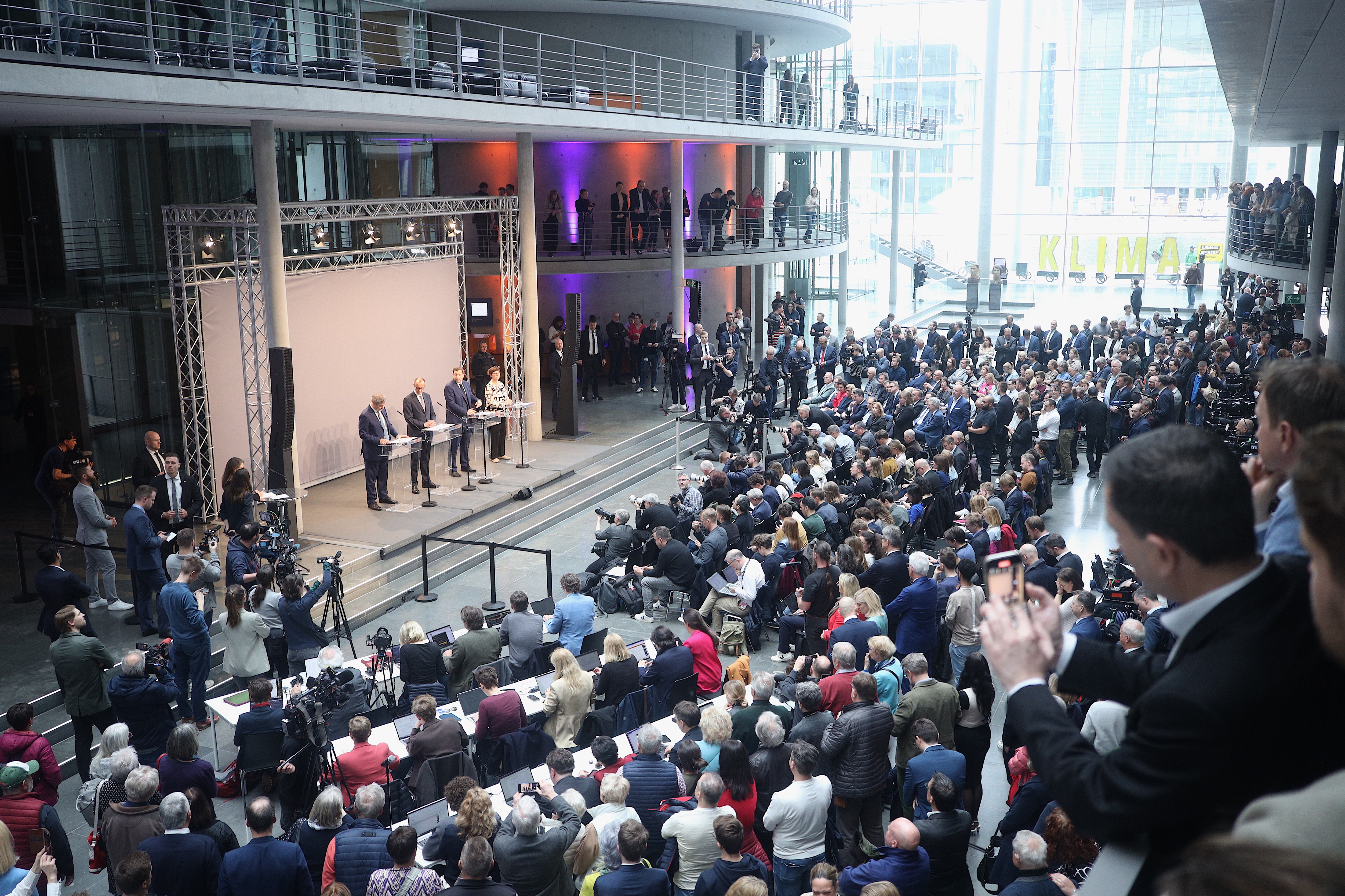 Friedrich Merz, Chairman of the CDU, Markus Soder, Chairman of the CSU, Saskia Esken, Federal Chairwoman of the SPD, and Lars Klingbeil present the joint coalition agreement for the coming government period in the Paul Lobe House in Berlin, Germany, on April 9, 2025. (Photo by Christian Marquardt/NurPhoto via Getty Images)